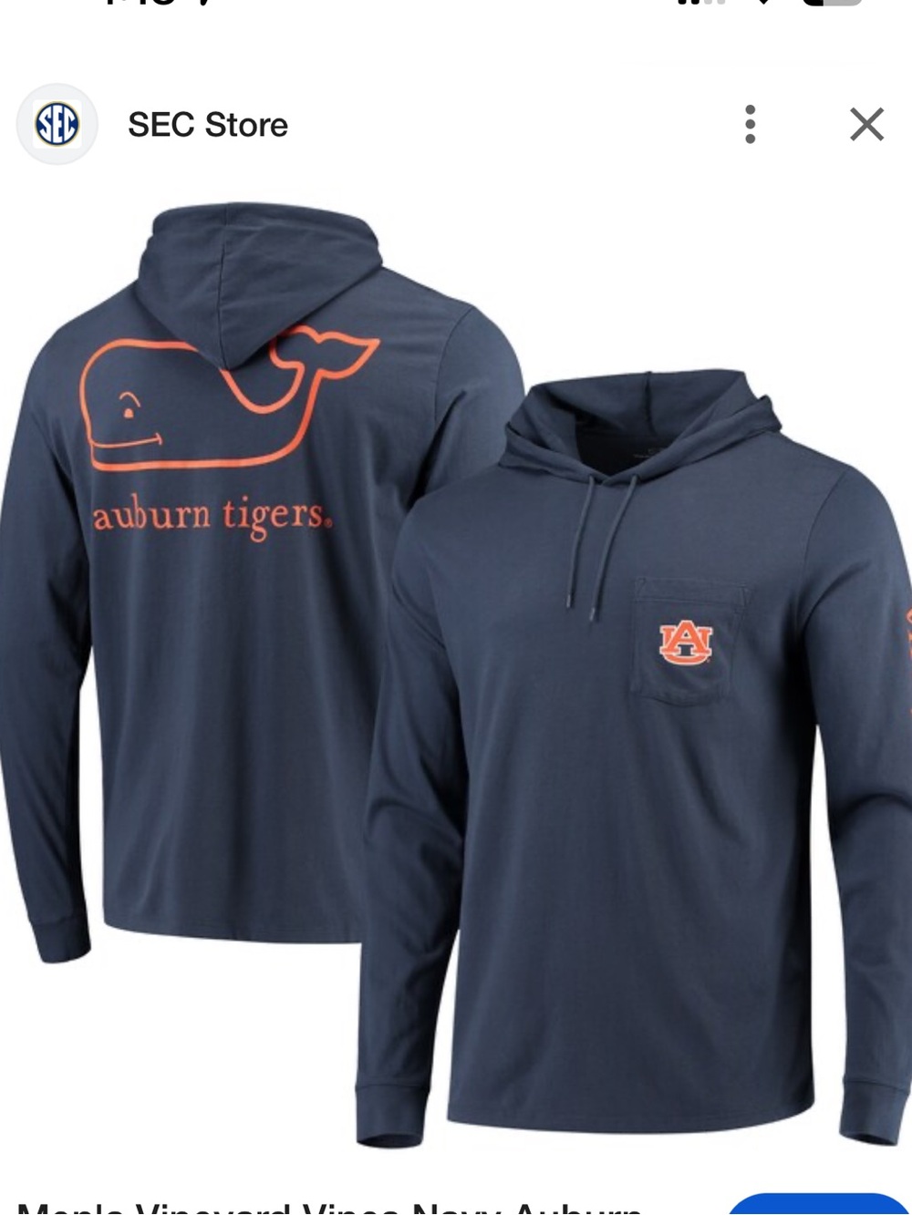 Men's Auburn Vineyard Vines Long Sleeve Hoodie T-Shirt Football Size M